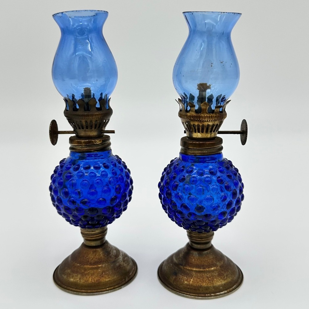 Vintage Miniature Kerosene Oil Lamps Pair 5.5" Cobalt Blue Hobnail Glass HK